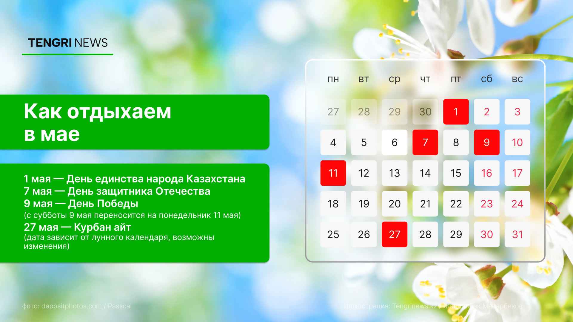 График выходных и рабочих дней в мае 2026 года в Казахстане: праздничные дни - 1, 7, 9 и 27 мая - Tengrinews.kz
